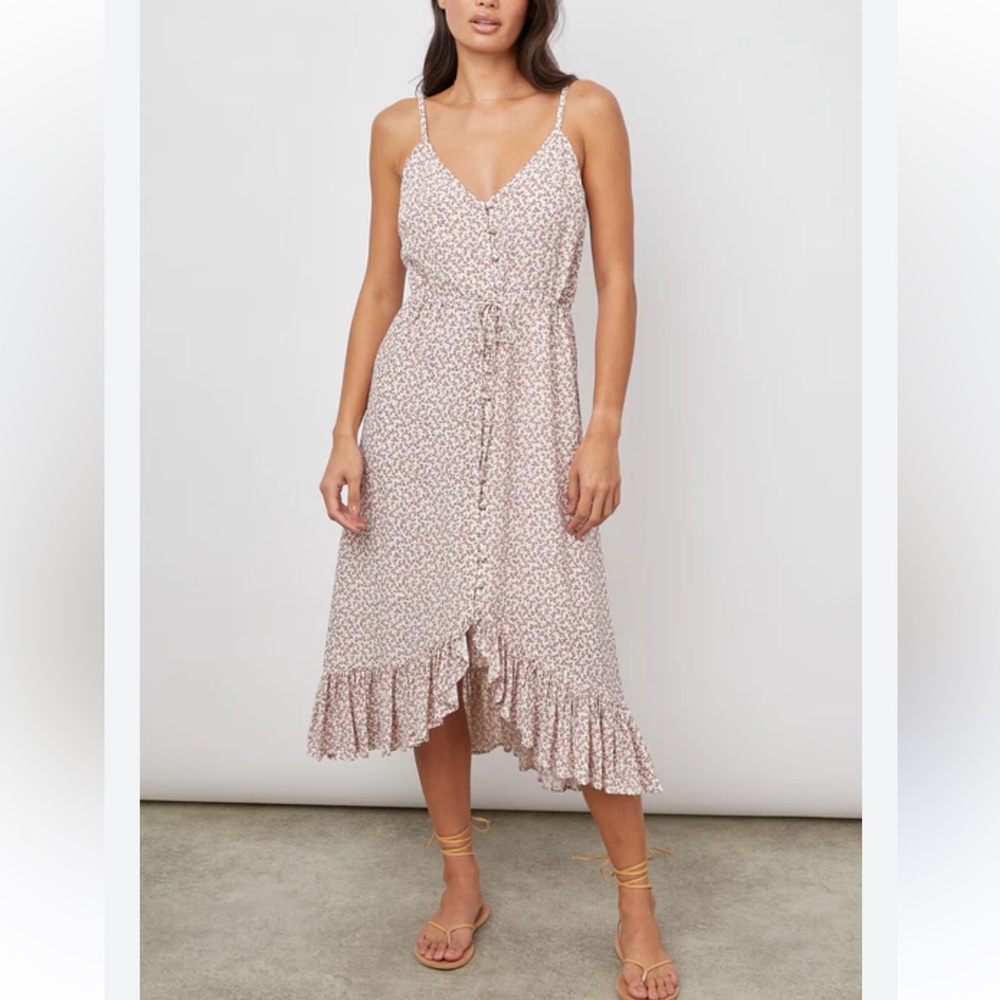 Rails Frida Garden Party Dress Ruffle Hem front Button XS Pink Floral